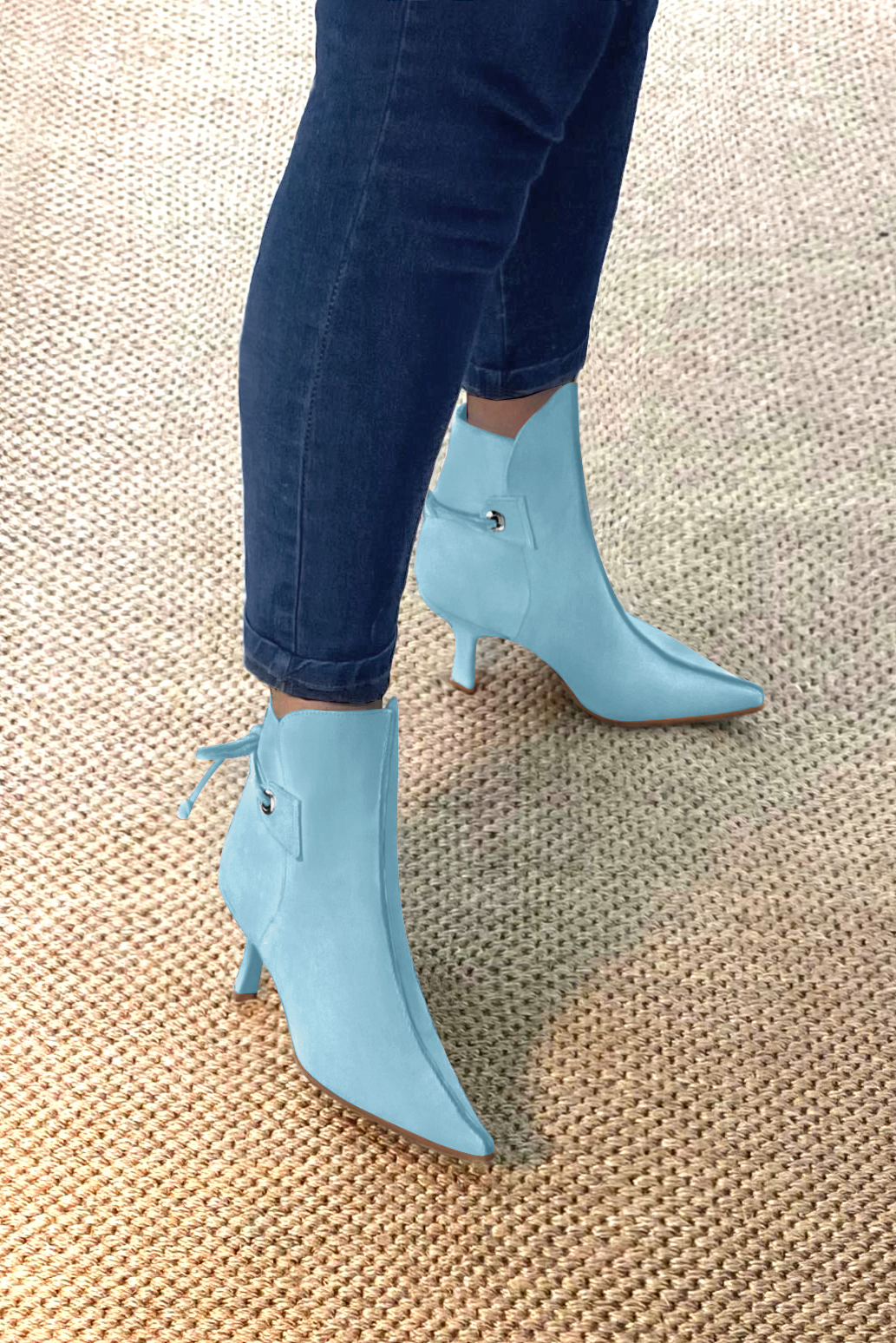 Sky blue women's ankle boots with laces at the back. Pointed toe. High slim heel. Top view - Florence KOOIJMAN